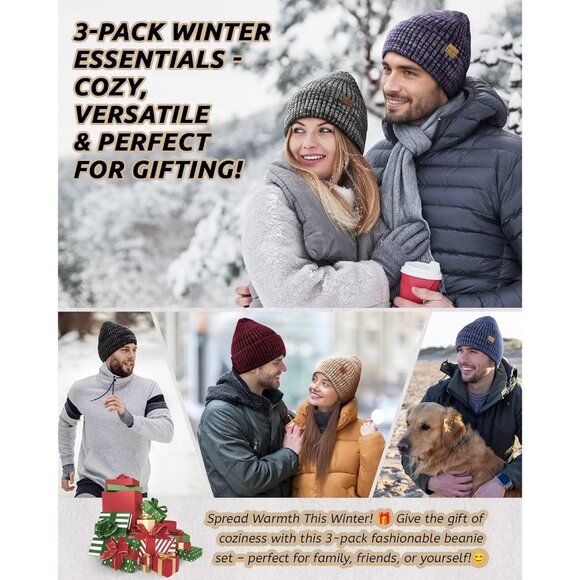 Unisex  Mix Black Blue Warm Fleece-Lined Knit Beanie Skull Cap for Cold Weather - Picture 7 of 7